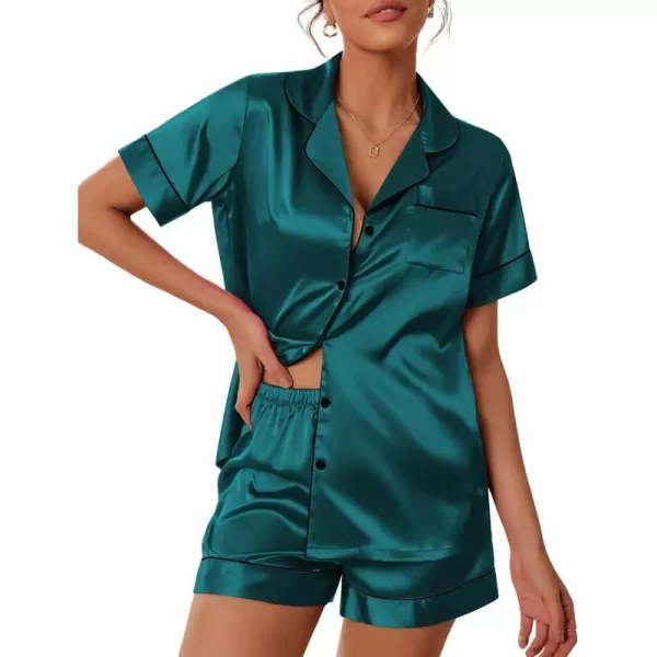 Ekouaer Satin Pajamas Womens Short Sleeve Sleepwear Soft Silk Button Down Loungewear Pjs Shorts Set SXXLDark Green