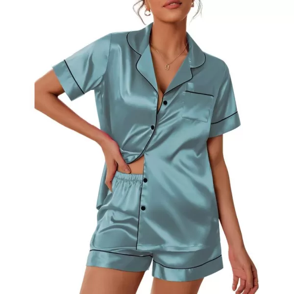 Ekouaer Satin Pajamas Womens Short Sleeve Sleepwear Soft Silk Button Down Loungewear Pjs Shorts Set SXXLGray Blue