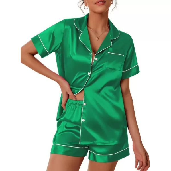 Ekouaer Satin Pajamas Womens Short Sleeve Sleepwear Soft Silk Button Down Loungewear Pjs Shorts Set SXXLGreen