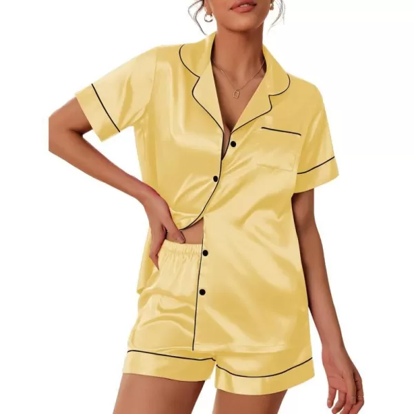 Ekouaer Satin Pajamas Womens Short Sleeve Sleepwear Soft Silk Button Down Loungewear Pjs Shorts Set SXXLLight Yellow