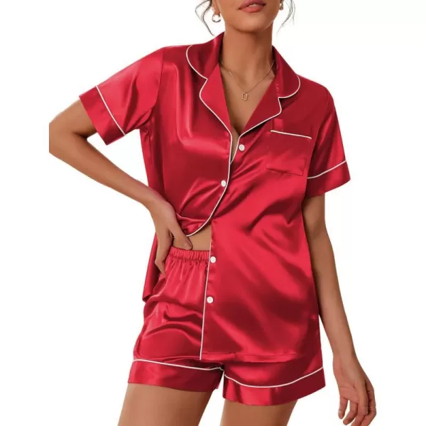 Ekouaer Satin Pajamas Womens Short Sleeve Sleepwear Soft Silk Button Down Loungewear Pjs Shorts Set SXXLRed