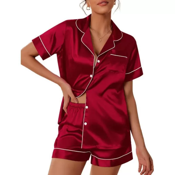 Ekouaer Satin Pajamas Womens Short Sleeve Sleepwear Soft Silk Button Down Loungewear Pjs Shorts Set SXXLWine