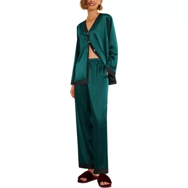 Ekouaer Satin Pajamas for Women Long Sleeve Pajamas Sets Soft Sleepwear Button Down Pj Set with PocketsSXXLDark Green