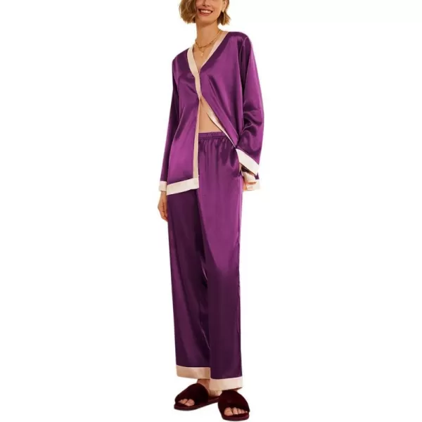 Ekouaer Satin Pajamas for Women Long Sleeve Pajamas Sets Soft Sleepwear Button Down Pj Set with PocketsSXXLPurple