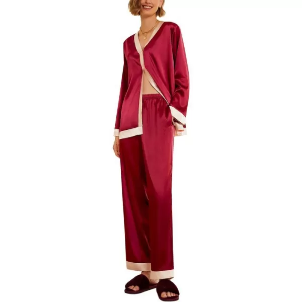 Ekouaer Satin Pajamas for Women Long Sleeve Pajamas Sets Soft Sleepwear Button Down Pj Set with PocketsSXXLWine Red