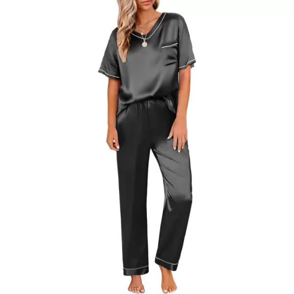 Ekouaer Satin Pajamas for Women Short Sleeve Silk Pajama Sets Soft Sleepwear Top with Causal Long Pj PantBlack