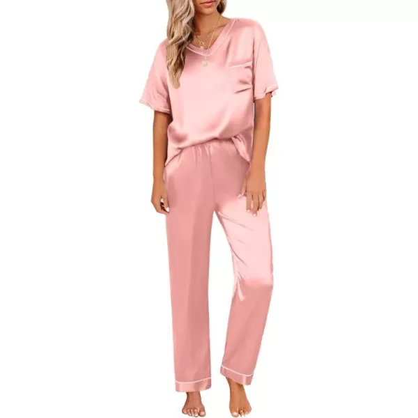 Ekouaer Satin Pajamas for Women Short Sleeve Silk Pajama Sets Soft Sleepwear Top with Causal Long Pj PantDark Pink