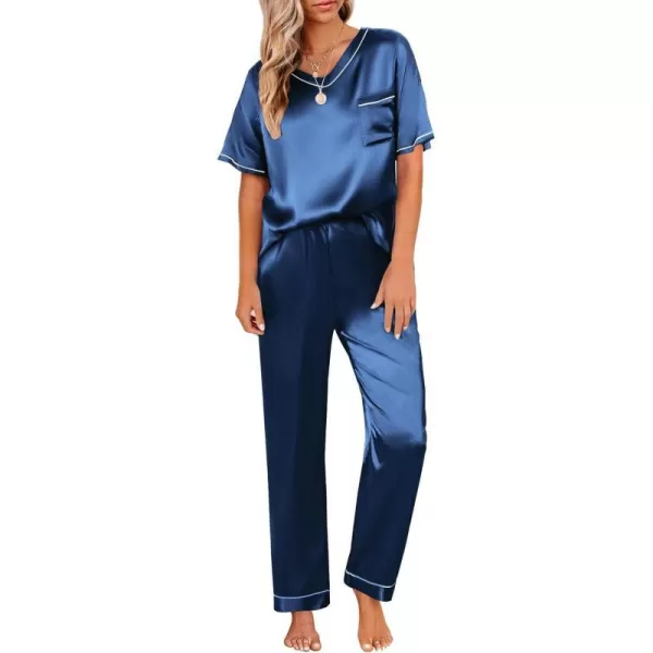 Ekouaer Satin Pajamas for Women Short Sleeve Silk Pajama Sets Soft Sleepwear Top with Causal Long Pj PantNavy Blue