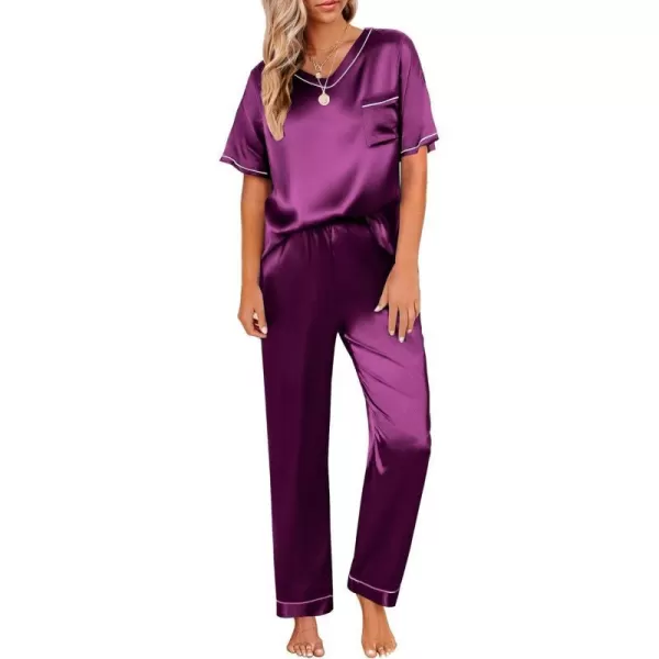 Ekouaer Satin Pajamas for Women Short Sleeve Silk Pajama Sets Soft Sleepwear Top with Causal Long Pj PantPurple