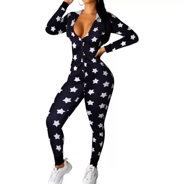 Ekouaer Sexy Onesie for Women Fall Cute Long Sleeve Hooded Pajamas Romper V Neck ZipUp Thin Knitted One PieceBlackstars