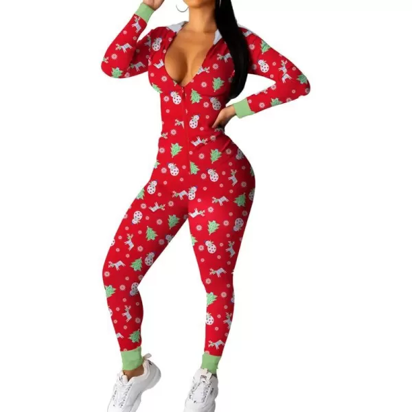 Ekouaer Sexy Onesie for Women Fall Cute Long Sleeve Hooded Pajamas Romper V Neck ZipUp Thin Knitted One PieceRed  Christmas Tree