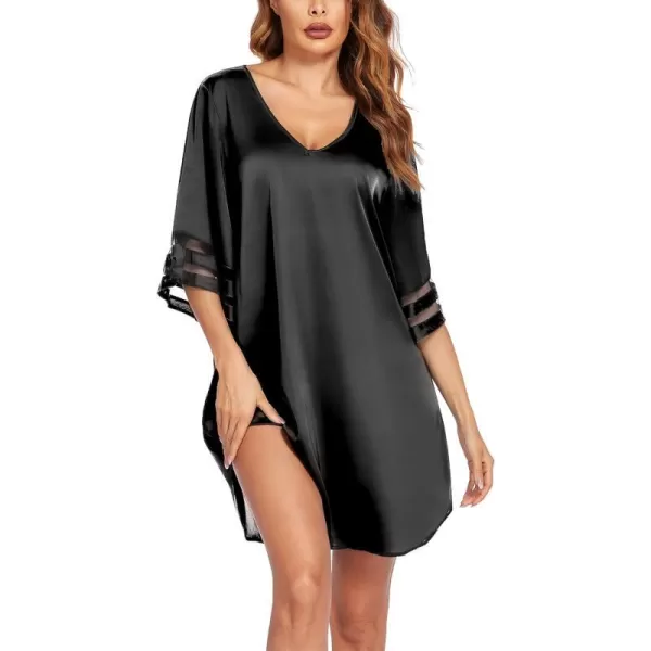 Ekouaer Silk Nightgown for Women 34 Sleeves Satin Sleep Shirt V Neck Knee Length Sleep DressBlack