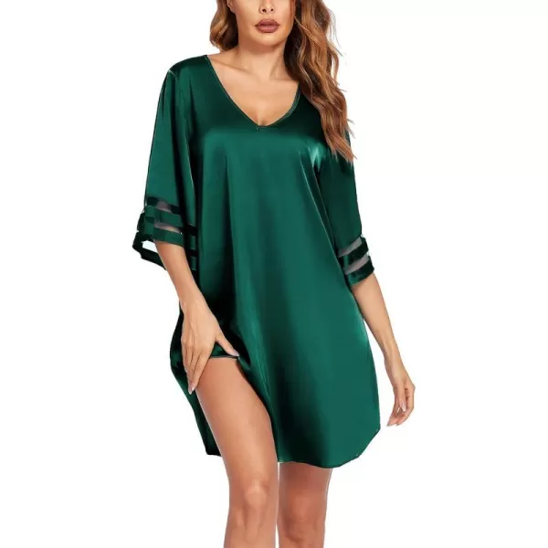 Ekouaer Silk Nightgown for Women 34 Sleeves Satin Sleep Shirt V Neck Knee Length Sleep DressDark Green