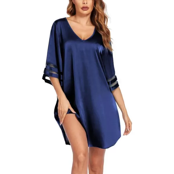 Ekouaer Silk Nightgown for Women 34 Sleeves Satin Sleep Shirt V Neck Knee Length Sleep DressNavy Blue