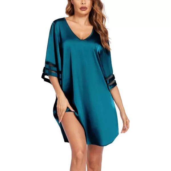 Ekouaer Silk Nightgown for Women 34 Sleeves Satin Sleep Shirt V Neck Knee Length Sleep DressPeacock Blue