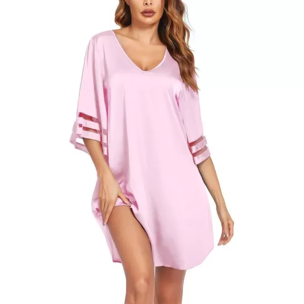 Ekouaer Silk Nightgown for Women 34 Sleeves Satin Sleep Shirt V Neck Knee Length Sleep DressPink