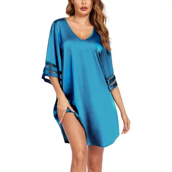 Ekouaer Silk Nightgown for Women 34 Sleeves Satin Sleep Shirt V Neck Knee Length Sleep DressSapphire Blue