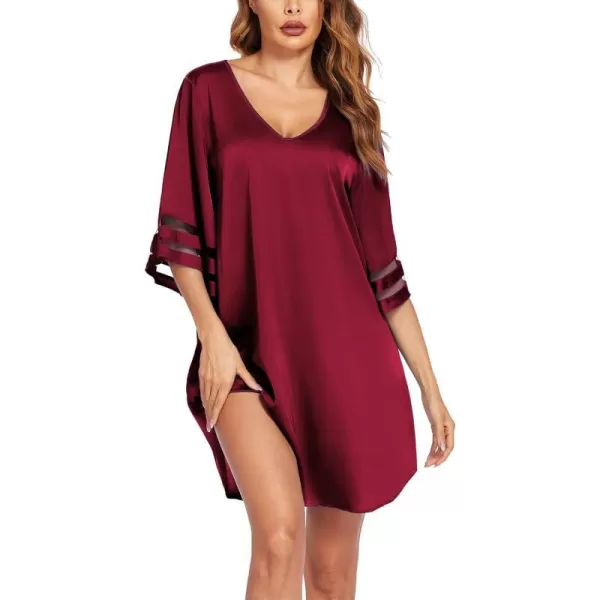 Ekouaer Silk Nightgown for Women 34 Sleeves Satin Sleep Shirt V Neck Knee Length Sleep DressWine Red