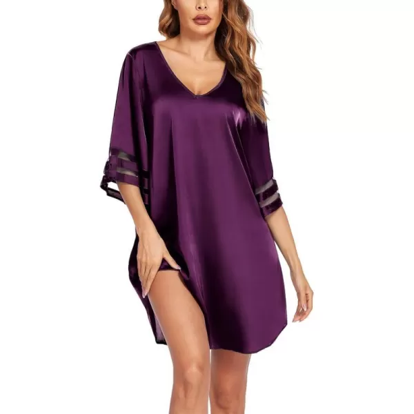 Ekouaer Silk Nightgown for Women 34 Sleeves Satin Sleep Shirt V Neck Knee Length Sleep DressWineberry