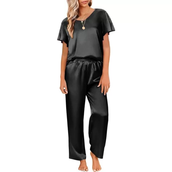 Ekouaer Silk Pajamas Satin 2 Piece Short Sleeve Top and Long Pants Pj Sets Silky Lounge Sets for WomenBlack