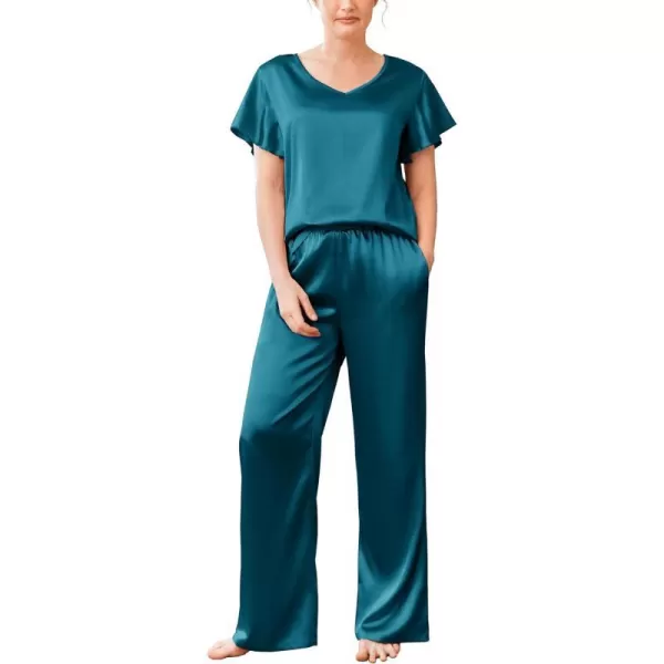 Ekouaer Silk Pajamas Satin 2 Piece Short Sleeve Top and Long Pants Pj Sets Silky Lounge Sets for WomenBlue Green