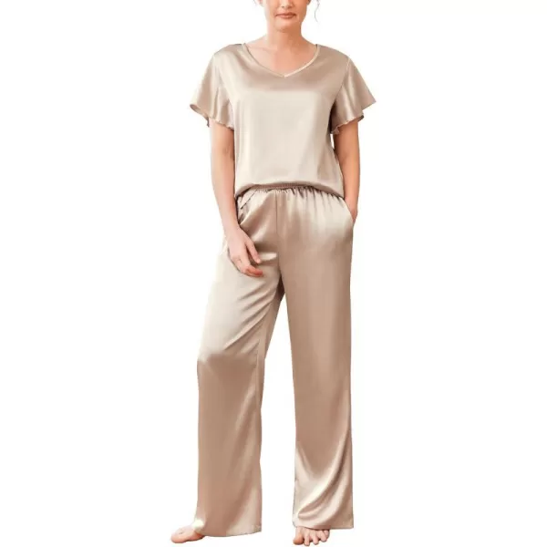 Ekouaer Silk Pajamas Satin 2 Piece Short Sleeve Top and Long Pants Pj Sets Silky Lounge Sets for WomenChampagne