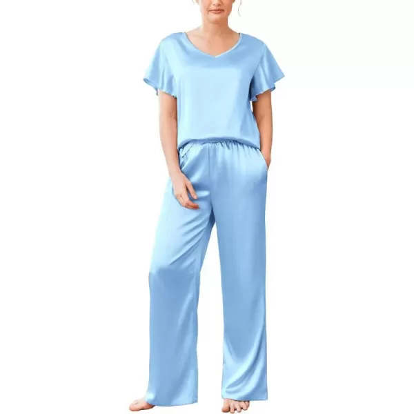 Ekouaer Silk Pajamas Satin 2 Piece Short Sleeve Top and Long Pants Pj Sets Silky Lounge Sets for WomenClear Blue