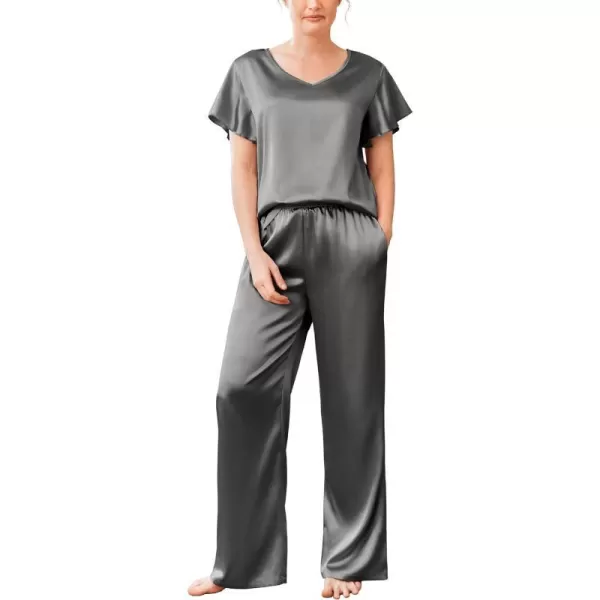 Ekouaer Silk Pajamas Satin 2 Piece Short Sleeve Top and Long Pants Pj Sets Silky Lounge Sets for WomenDark Grey