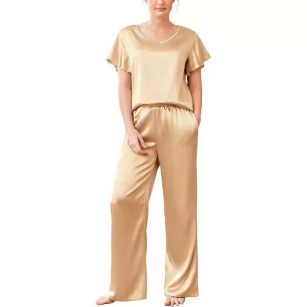 Ekouaer Silk Pajamas Satin 2 Piece Short Sleeve Top and Long Pants Pj Sets Silky Lounge Sets for WomenKhaki