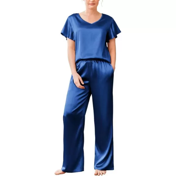 Ekouaer Silk Pajamas Satin 2 Piece Short Sleeve Top and Long Pants Pj Sets Silky Lounge Sets for WomenNavy Blue