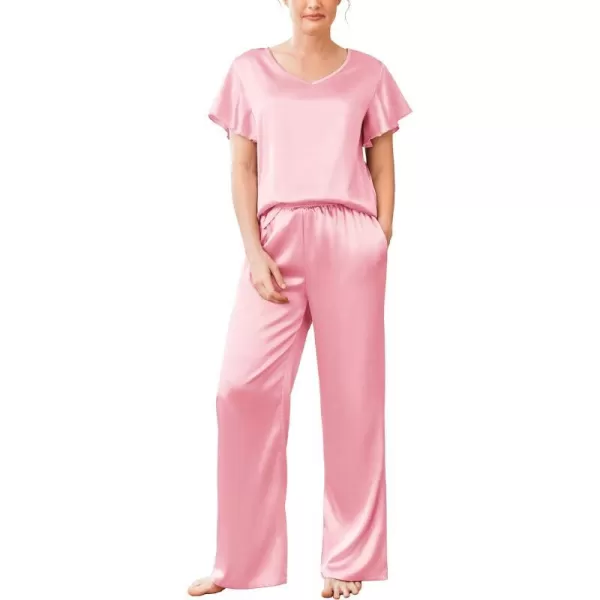 Ekouaer Silk Pajamas Satin 2 Piece Short Sleeve Top and Long Pants Pj Sets Silky Lounge Sets for WomenPink