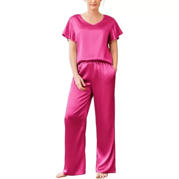 Ekouaer Silk Pajamas Satin 2 Piece Short Sleeve Top and Long Pants Pj Sets Silky Lounge Sets for WomenRose Red