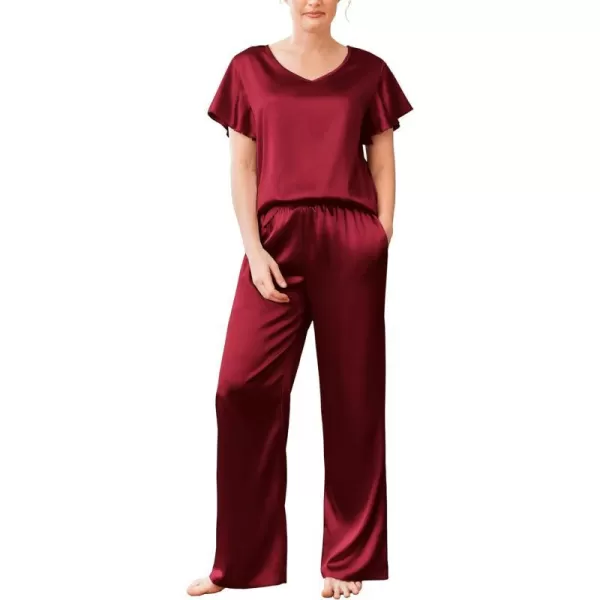 Ekouaer Silk Pajamas Satin 2 Piece Short Sleeve Top and Long Pants Pj Sets Silky Lounge Sets for WomenWine Red