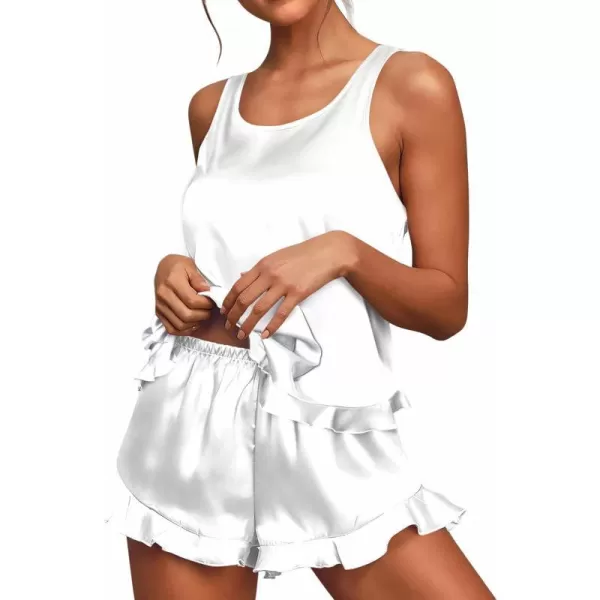 Ekouaer Silk Pajamas Set Women Satin Ruffled Tank Tops Shorts Sets Sleepwear Nightwear SXXLWhite