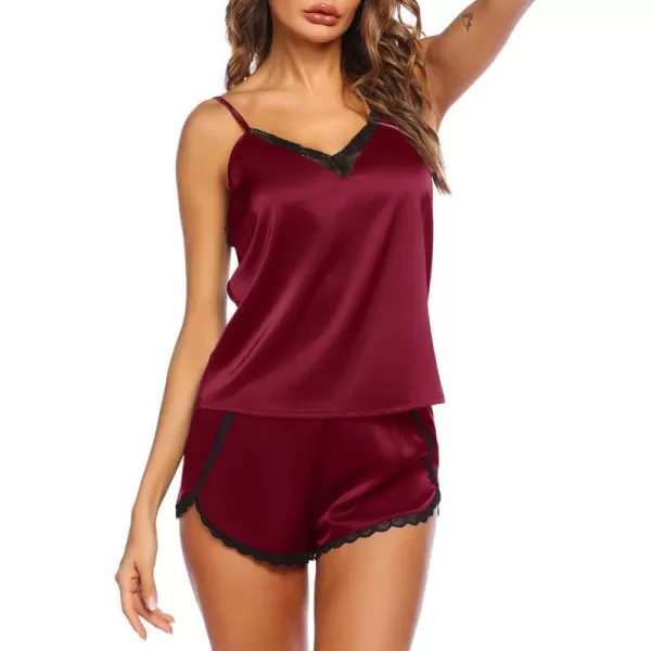 Ekouaer Silk Pajamas Set Womens Lace Cami Tops and Shorts Satin Lingerie V Neck Sleepwear XSXXL01wine Red