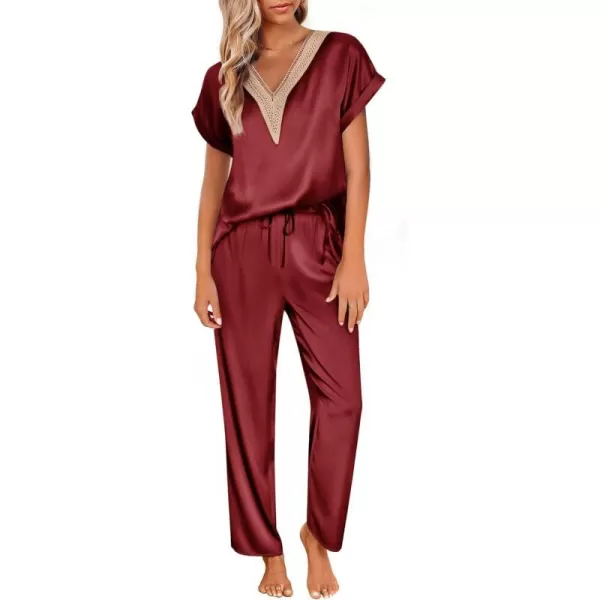 Ekouaer Silk Pajamas Set Womens Lace V Neck Loungewear Short Sleeve Satin Shirt with Long Pant Silky PjsAwine Red