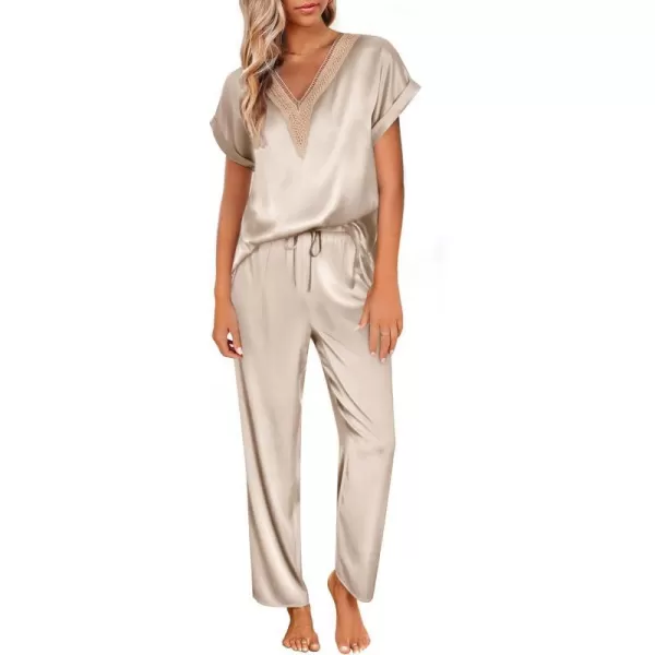 Ekouaer Silk Pajamas Set Womens Lace V Neck Loungewear Short Sleeve Satin Shirt with Long Pant Silky PjsChampagne