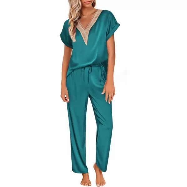 Ekouaer Silk Pajamas Set Womens Lace V Neck Loungewear Short Sleeve Satin Shirt with Long Pant Silky PjsDark Peacock Blue