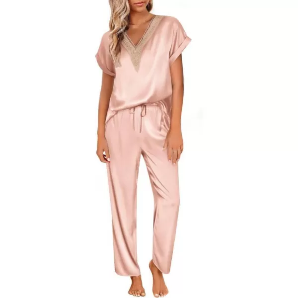 Ekouaer Silk Pajamas Set Womens Lace V Neck Loungewear Short Sleeve Satin Shirt with Long Pant Silky PjsLight Pink