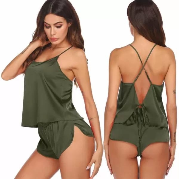 Ekouaer Silk Pajamas Set for Women Satin Backless Lingerie Pjs Cami Top and Shorts NightwearGreen