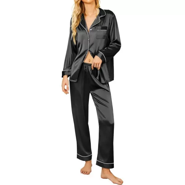 Ekouaer Silk Pajamas Womens Long Sleeve Sleepwear Satin Soft Button Down Loungewear Pjs Set SXXLBlack