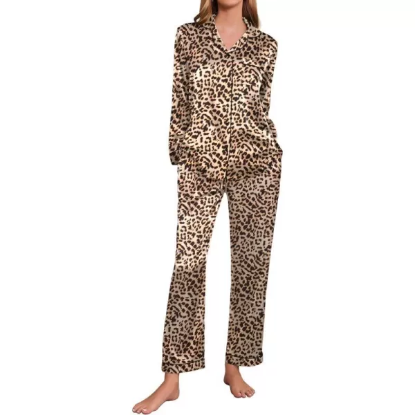 Ekouaer Silk Pajamas Womens Long Sleeve Sleepwear Satin Soft Button Down Loungewear Pjs Set SXXLBleopard2