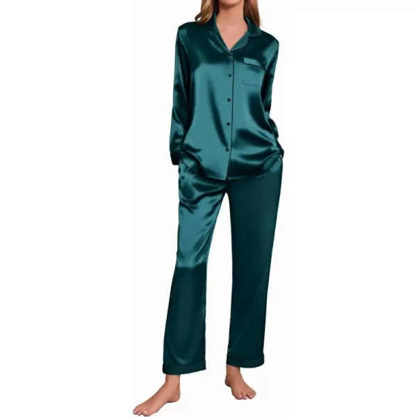 Ekouaer Silk Pajamas Womens Long Sleeve Sleepwear Satin Soft Button Down Loungewear Pjs Set SXXLBlue Green