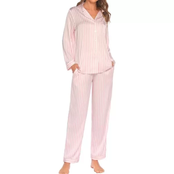 Ekouaer Silk Pajamas Womens Long Sleeve Sleepwear Satin Soft Button Down Loungewear Pjs Set SXXLBpink Striped