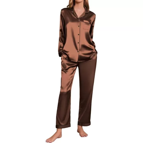 Ekouaer Silk Pajamas Womens Long Sleeve Sleepwear Satin Soft Button Down Loungewear Pjs Set SXXLBrown