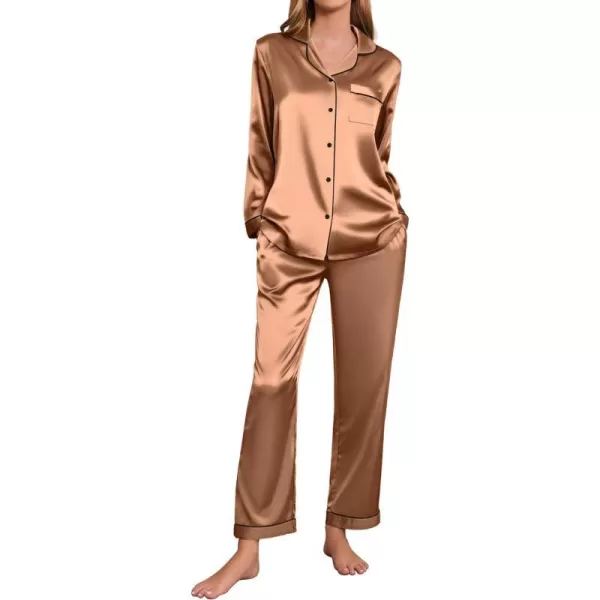 Ekouaer Silk Pajamas Womens Long Sleeve Sleepwear Satin Soft Button Down Loungewear Pjs Set SXXLChampagne Gold