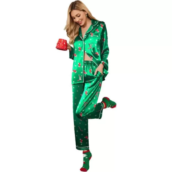 Ekouaer Silk Pajamas Womens Long Sleeve Sleepwear Satin Soft Button Down Loungewear Pjs Set SXXLChristmas Greenpat18