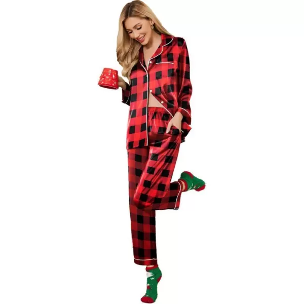 Ekouaer Silk Pajamas Womens Long Sleeve Sleepwear Satin Soft Button Down Loungewear Pjs Set SXXLChristmas Red Plaidpat17