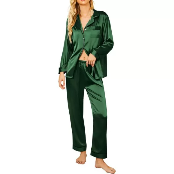 Ekouaer Silk Pajamas Womens Long Sleeve Sleepwear Satin Soft Button Down Loungewear Pjs Set SXXLDark Green