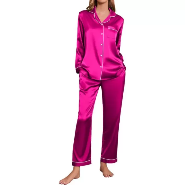 Ekouaer Silk Pajamas Womens Long Sleeve Sleepwear Satin Soft Button Down Loungewear Pjs Set SXXLHot Pink